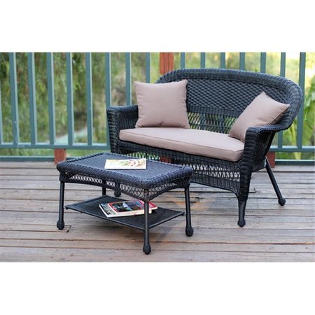 JECO Black Wicker Patio Love Seat And Coffee Table Set With Brown Cushion W00207-LCS007